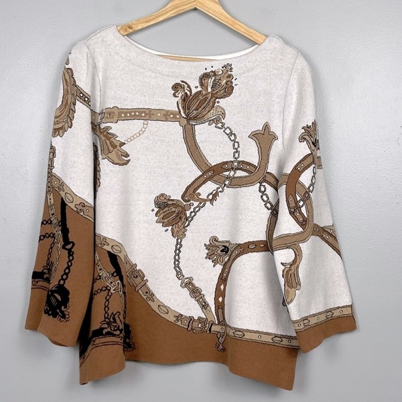 Chico’s Jacquard Bateau Neck equestrian chain belt cotton blend sweater, LP. - Picture 2 of 8